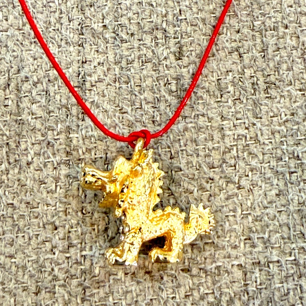Small Gold plated Dragon Pendant Necklace with Red Cord